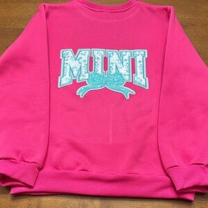 Pink Sweatshirt with Blue Bow (Front) and Blue Mini (Back) Graphic Patchwork